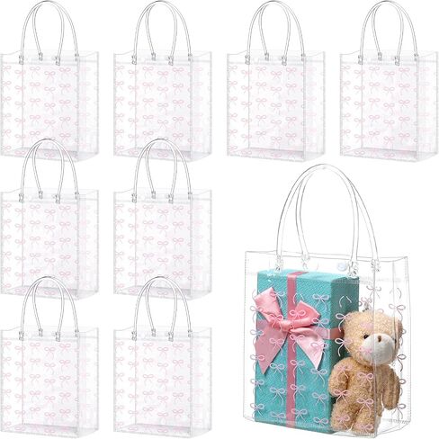 Sweetude 24 Pcs Coquette Bow Gift Bags Bow PVC Clear Gift Bag with Handle Goodie Candy Treat Bags for Birthday Baby Shower Bridal Shower Christmas Party Supplies in Kuwait