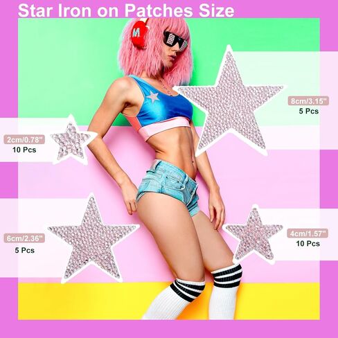 MECCANIXITY 30 Pieces Iron on Patches Star Rhinestone Appliques Glitter Embroidered Patches Pink Iron on Rhinestones for Clothes DIY Crafts Bag Hat Pants in 4 Size in Kuwait
