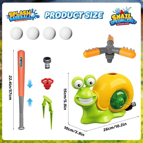 VATOS Water Sprinkler Baseball Toy for Kids Outdoor Play, 2 in 1 Snail Summer Water Game with 2 Sprinkler Heads, 360° Roating Spray Water Baseball for Boys Girls Summer Backyard Lawn Pool Party Fun in Saudi Arabia