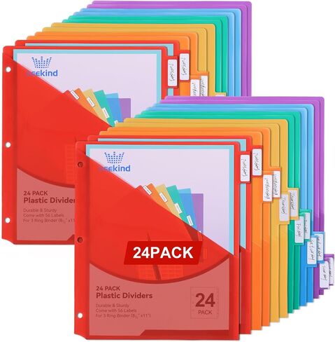 SEEKIND 24 Pack Binder Dividers with Pocket,24 Tab Binder Dividers for 3 Ring Binders,Subject Dividers for US Letter Size in 0.5, 1, 2, 3 inch Binders, Multicolor (24) in Saudi Arabia