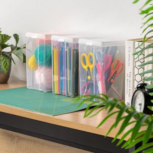 IRIS USA Medium Vertical Storage Container for Home & Office Organization, Big Capacity Stackable Plastic Bin for Stationery, Pantry, Cosmetics & More, Space-Saving Tall Organizer, Clear, Pack of 10 in Kuwait