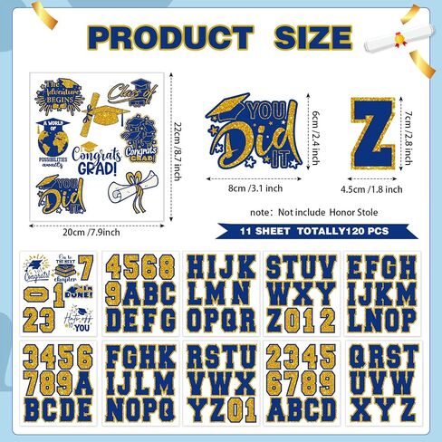 Glenmal 11 Sheets 2025 التخرج الحديد على التصحيح مع حرف إلى Z من 0 إلى 9 تصحيحات نمط للجنسين على الحديد البالغ على ملصقات التخرج سرق القماش T قميص (الذهب الأزرق) in Kuwait