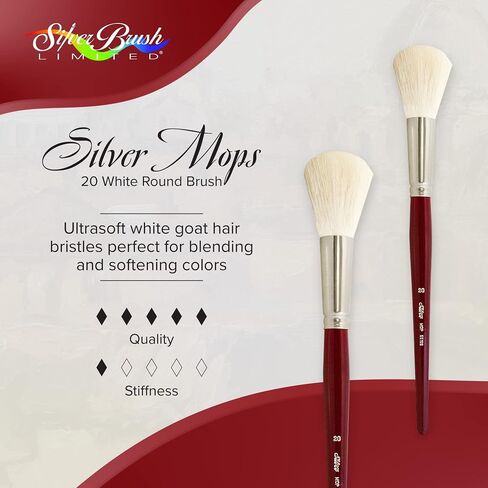 Silver Brush Limited 5518S-20 Silver Mop White Round Paintrush للزيت ، الأكريليك ، الألوان المائية ، الباستيل ، والفحم ، الحجم 20 ، مقبض قصير in Kuwait