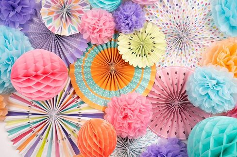 PapaKit Deluxe Origami Large Wall Decoration Set (Assorted Paper Fans & Pom-poms) Birthday Party Baby Shower Wedding Events Decor | Creative Art Design Pattern (Festive Colors, Deluxe 26 Piece Set) in Saudi Arabia