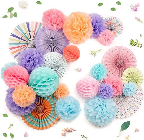PapaKit Deluxe Origami Large Wall Decoration Set (Assorted Paper Fans & Pom-poms) Birthday Party Baby Shower Wedding Events Decor | Creative Art Design Pattern (Festive Colors, Deluxe 26 Piece Set) in Saudi Arabia