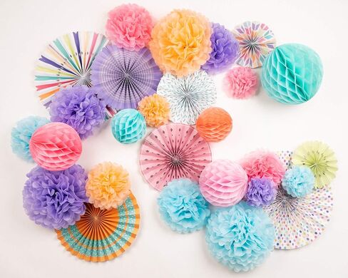 PapaKit Deluxe Origami Large Wall Decoration Set (Assorted Paper Fans & Pom-poms) Birthday Party Baby Shower Wedding Events Decor | Creative Art Design Pattern (Festive Colors, Deluxe 26 Piece Set) in Saudi Arabia