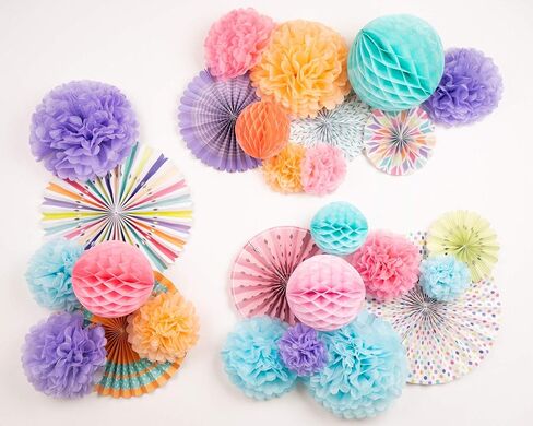 PapaKit Deluxe Origami Large Wall Decoration Set (Assorted Paper Fans & Pom-poms) Birthday Party Baby Shower Wedding Events Decor | Creative Art Design Pattern (Festive Colors, Deluxe 26 Piece Set) in Saudi Arabia