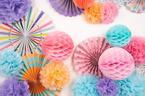 PapaKit Deluxe Origami Large Wall Decoration Set (Assorted Paper Fans & Pom-poms) Birthday Party Baby Shower Wedding Events Decor | Creative Art Design Pattern (Festive Colors, Deluxe 26 Piece Set) in Saudi Arabia