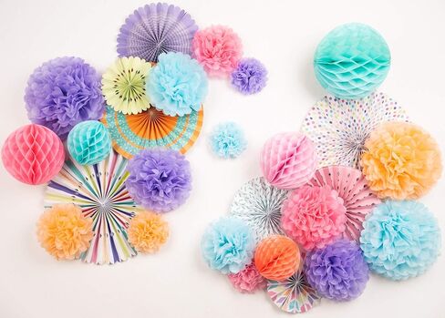 PapaKit Deluxe Origami Large Wall Decoration Set (Assorted Paper Fans & Pom-poms) Birthday Party Baby Shower Wedding Events Decor | Creative Art Design Pattern (Festive Colors, Deluxe 26 Piece Set) in Saudi Arabia