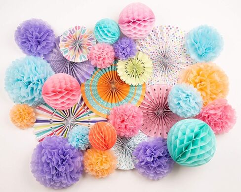 PapaKit Deluxe Origami Large Wall Decoration Set (Assorted Paper Fans & Pom-poms) Birthday Party Baby Shower Wedding Events Decor | Creative Art Design Pattern (Festive Colors, Deluxe 26 Piece Set) in Saudi Arabia