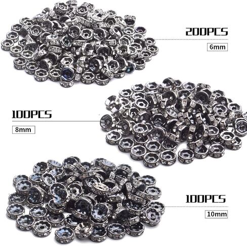 Crystal Spacer Beads,400pcs Gun-Black Rhinestone Beads Alloy Rondelle Loose Beads Craft Accessories for DIY Jewelry Bracelet Necklace Making,6mm/8mm/10mm in Kuwait