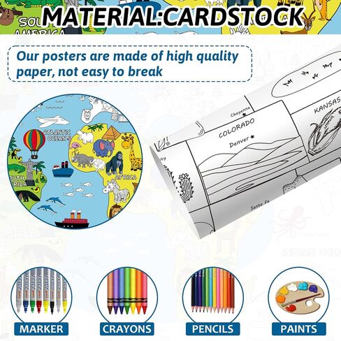 2 Pack Jumbo United States & World Map Coloring Poster 44 * 32Inch Large World Map Coloring Table Cover Giant USA Map Wall Doodle Art Coloring Education Poster for Classroom Home Birthday Party in Saudi Arabia