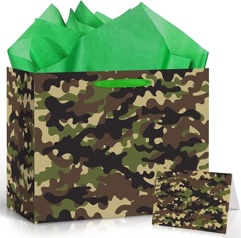 TagreSpike Camouflage Birthday Gift Bags Camo Gift Bag with Wrapping Paper and Card Large Camouflage Wrapping Paper Bag with Handle Army Party Supplies for Boys Girls Veterans Baby Shower Birthday in Saudi Arabia