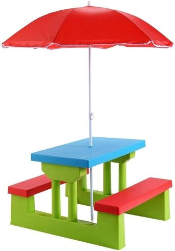 Costzon Kids Picnic Table, Indoor & Outdoor Plastic Table and Bench with Removable Umbrella, Portable Toddler Picnic Table and Chair Set for Garden, Backyard, Patio in Saudi Arabia