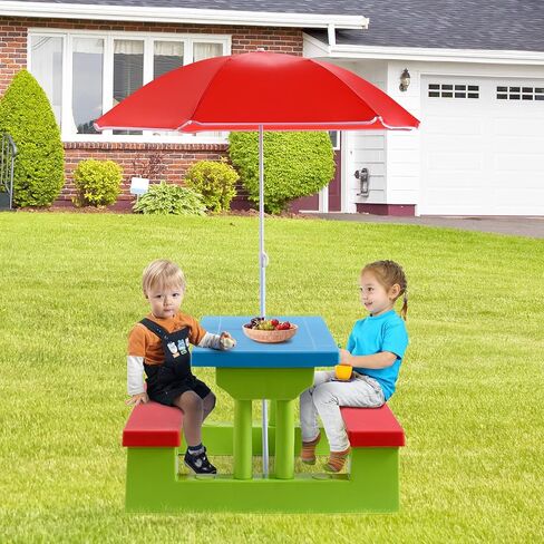 Costzon Kids Picnic Table, Indoor & Outdoor Plastic Table and Bench with Removable Umbrella, Portable Toddler Picnic Table and Chair Set for Garden, Backyard, Patio in Saudi Arabia