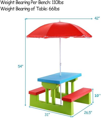Costzon Kids Picnic Table, Indoor & Outdoor Plastic Table and Bench with Removable Umbrella, Portable Toddler Picnic Table and Chair Set for Garden, Backyard, Patio in Saudi Arabia