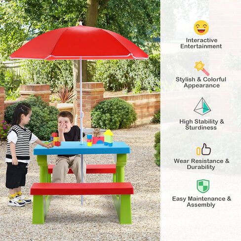 Costzon Kids Picnic Table, Indoor & Outdoor Plastic Table and Bench with Removable Umbrella, Portable Toddler Picnic Table and Chair Set for Garden, Backyard, Patio in Saudi Arabia
