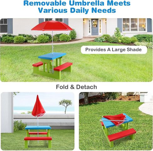 Costzon Kids Picnic Table, Indoor & Outdoor Plastic Table and Bench with Removable Umbrella, Portable Toddler Picnic Table and Chair Set for Garden, Backyard, Patio in Saudi Arabia