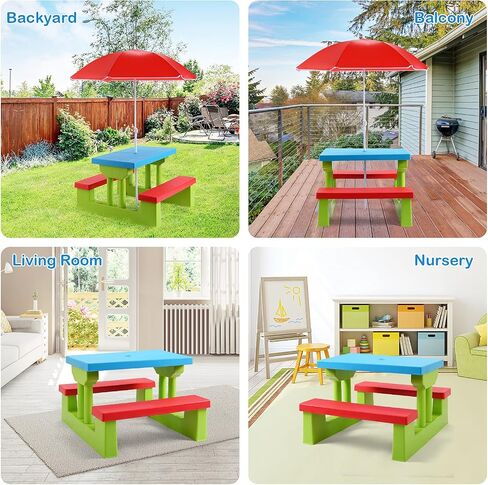 Costzon Kids Picnic Table, Indoor & Outdoor Plastic Table and Bench with Removable Umbrella, Portable Toddler Picnic Table and Chair Set for Garden, Backyard, Patio in Saudi Arabia