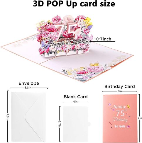Hblife Happy 75th Birthday Pop up up ، هدية بطاقة تهنئة عيد ميلاد ثلاثية الأبعاد مع ملاحظة فارغة ومظروف ، هدية تذكارية مثالية للنساء ، أمي ، أخت ، زوجة ، صديق in Kuwait