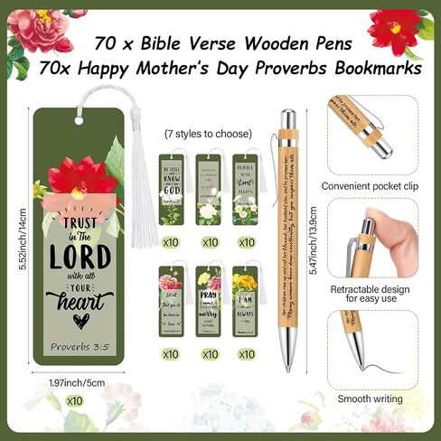 Spakon 35 Sets Mother's Day Church Gifts Bible Verse Bookmarks Inspirational Bamboo Pens Gift Bags Mom Christian Gifts Bulk Religious Mothers Day Party Favors in Saudi Arabia
