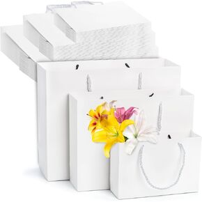 Lyellfe 30 Pack White Gift Bags, Waterproof Kraft Paper Bags with Handle Bulk, Heavy Duty Recyclable Shopping Bag, Retail Bags, Merchandise Bags for Birthday, Wedding, Party, Christmas, S, M, L