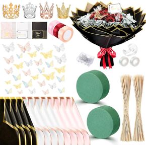 Fullhawl Money Bouquet Kit 48 Sheets Flower Wrapping Paper 50 Pins 48 Butterflies 4 Crowns 2 Floral Foam Blocks 150 Bamboo Skewers for Anniversary Valentine‘s Day Birthday Gifts (Muticolor)