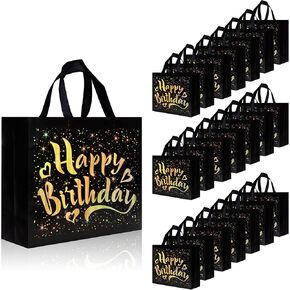 9 Pcs Black Birthday Gift Bags with Gold Shiny Stars, 12.6 x 4.7 x 11 In Reusable Gift Bags for Kids, Adults Birthday Party