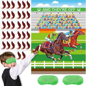 32Pcs Derby Horse Games for Kids Pin The Tail on The Horse Poster Derby Party Games with Tail Stickers for Derby Party Decorations Racing Horse Party Favors Supplies Kit for Kids Family Game