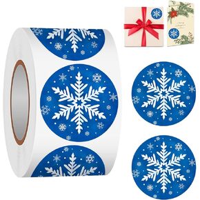 Winter Snowflake Label Stickers Roll, 1.5 inch 500 Pcs Christmas Round Stickers Blue with White Design for Holiday Cards Party Decor Craft Supplies