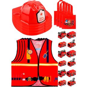 24 Pcs Kids Firefighter Costume Set Fireman Dress Up Vest Clothing With Mini Pullback Firetruck Toy for Boys Girls Birthday Halloween Party Favors