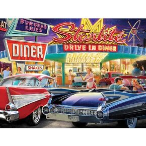 Bits and Pieces – 500 Piece Jigsaw Puzzle for Adults – 50s Starlite Diner - Classic Cars Drive in Jigsaw Puzzle by Larry Jones, Completed Puzzle Size: 18" x 24"
