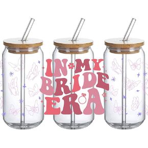 UV DTF Glass Cup Wrap Transfer - Gift for Bride, in My bride era uvdtf wrap glass Decal Waterproof Decal for 16oz Glass Cups, Ceramic Mug DIY Crafts, Gifts for Mom - 3PCS