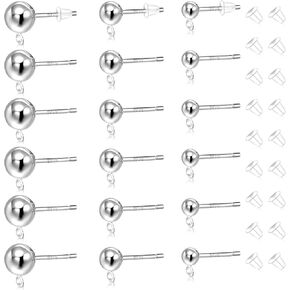 36Pcs Sterling Silver Earring Posts for Jewelry Making,3Sizes S925 Silver Ball Posts Earring Studs with Loop and Clear Earring Backs Hypoallergenic Ball Studs for Jewelry Findings Earring Making Kit