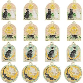 SUNNYCLUE 1 BOX 16PCS Alloy Tarot Card Charms Cat Charms Bulk Enamel Magic Gothic Planchette Sun Moon Divination Amulet Lucky Goth Charms for Jewelry Making Charms Diy Earrings Bracelet Necklace Craft