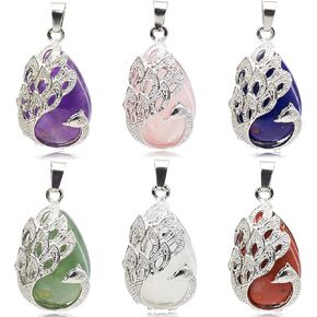6 Pieces Tree of Life Peacock Pendant for Women,Natural Stone Pendants Platinum Peacock Teardrop Charm for DIY Necklaces Jewelry Making