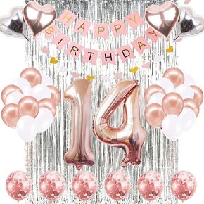 Rose Gold 14th Birthday Decorations - Happy Birthday Banner, Number 14 Balloons, 14 Years Old Decoration Supplies