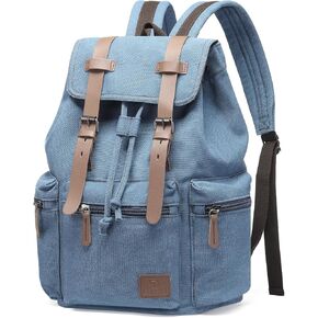 Vintage Canvas Backpack for Men & Women, Durable Casual Daypack with Leather Accent, Fits for College, Work, Travel, & Outdoor, Blue