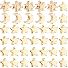 PH PandaHall 3 Styles 18K Gold Plated Spacer Beads Moon Star Sun Beads 40pcs Brass Charm Beads Long-Lasting Loose Beads for DIY Bracelet Necklace Earring Ring Jewelry Crafts Making