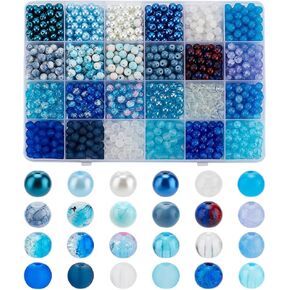 PH PandaHall 1440pcs 24 Colors Blue Glass Beads 6mm Crystal Beads Bracelet Beads Round Loose Spacer Beads Cracked Glass Beads Transparent Glass Beads for DIY Necklace Winter Jewelry Making Keychain