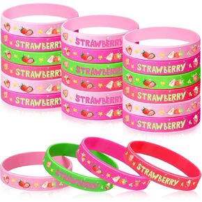24PCS Strawberry Party Favors Strawberry Themed Wristbands Silicone Bracelets for Baby Shower Sweet Berry Strawberry 1st Birthday Party Strawberry Party Summer Party Supplies Decorations