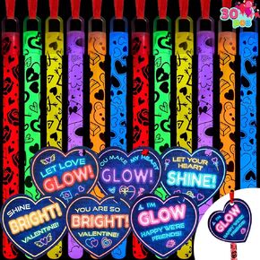 JOYIN 30 Packs Valentine's Day Gifts Cards with Bright Large Glow Sticks for Valentine's Party Favors, Waterproof Glow Sticks for Valentines Classroom Exchange Toy, Valentine School Classroom Prizes