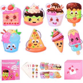 Valentines Day Cards for Kids - 32 Valentines Scratch and Sniff Cards + 32 Pink Envelopes + 32 Cute Temporary Tattoos, 8 Food Styles, for Class Events, School Valentine’s Parties, Gift Exchanges
