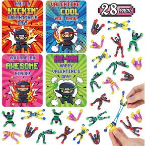 28 Packs Valentine's Day Cards with Sticky Wall Climbing Men Ninja Toys for Classroom Exchange, Valentine's Gifts Party Favors for Boys Girls School, Valentine's Prizes for School