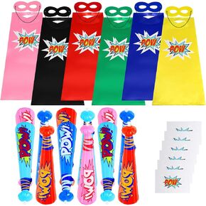 Kids Superhero Capes and Masks with Pow Inflatable Baseball Bats and Large Superhero Stickers,Super Hero Party Costumes for Boys and Girls,Christmas Halloween Cosplay Birthday Party Supplies
