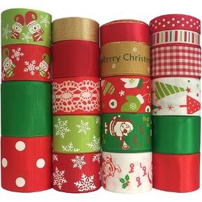 Christmas Ribbon 20 Yards (20x1yd) 3/8" - 1.5" Printed Snowflake Christmas Trees Santa Clause Pattern