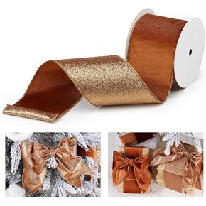 Copper Velvet Wired Ribbon with Glitter Back 4 Inch Copper Christmas Ribbon Wired Ribbon for Christmas Tree Decorations, Gift Wrapping, Crafts, Wreaths Supplies, Topper Bows (10 Yards)