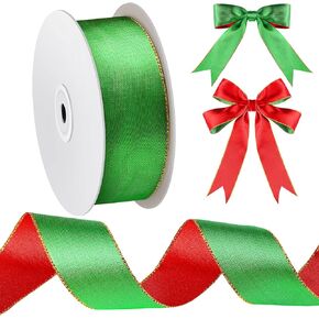 20 Yards 1.5 Inch Christmas Satin Ribbon Double Faced Wired Ribbons Decorative Craft Hair Ribbon Polyester Red and Green Fabric Ribbons with Gold Edge for Christmas Holiday Hair Bow Craft DIY Supplies