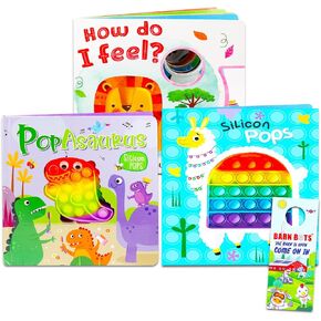 Touch and Pop Book Set for Toddlers - 3 Pc Bundle with 2 Fidget Pop Toy Board Books and Bonus Board Book for Kids with Unicorns and Dinosaurs | Interactive Touch and Pop Board Book