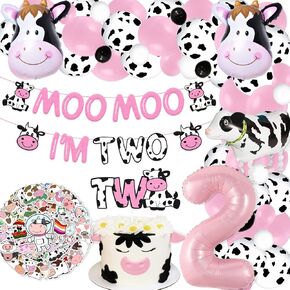 140 PCS Moo Moo Im Two Birthday Decorations Cow 2nd Birthday Banner Cow Two Cake Topper Balloon Sticker for Two Years Old Girl Boy Holy Cow Theme Party Supplies Glitter Pink Decoration